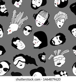 Seamless pattern and hand drawn texture. Portraits of various man and women.Perfect for social media, avatars