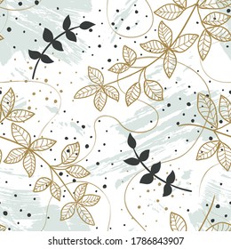 Seamless pattern with hand drawn texture and leaves. Abstract natural elements. Plant textile print. Sketch banner, template, greeting card. Vector grunge modern textured brush stroke, doodle, scribbl