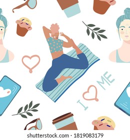 Seamless pattern and hand drawn texture.  You take care of yourself. Flat design. Cartoon style.