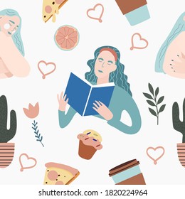 Seamless pattern and hand drawn texture.  You take care of yourself. Vector flat illustration