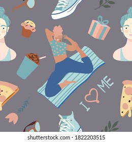 Seamless pattern and hand drawn texture.  You take care of yourself. Flat design. Cartoon style.