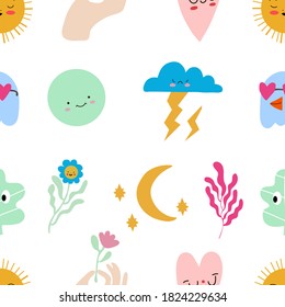 Seamless pattern and hand drawn texture. Different options for icons with emotions and moods. Vector flat illustration. Transparent background.