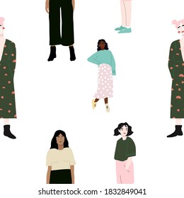 Seamless pattern and hand drawn texture. Pretty girls posing in different poses. Flat design. Design for poster, card, invitation, placard, brochure, flyer, web.