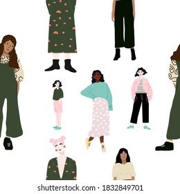 Seamless pattern and hand drawn texture. Pretty girls posing in different poses.  Design for poster, card, invitation, placard, brochure, flyer, web.