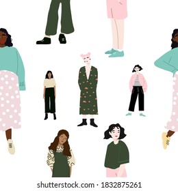 Seamless pattern and hand drawn texture. Pretty girls posing in different poses. Flat illustration. Design for poster, card, invitation, placard, brochure, flyer, web.