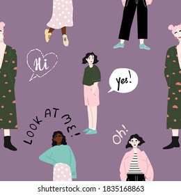 Seamless pattern and hand drawn texture. Pretty girls posing in different poses. Flat illustration. Design for poster, card, invitation, placard, brochure, flyer, web.