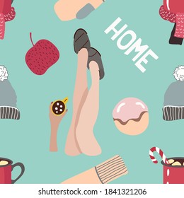 Seamless pattern and hand drawn texture. Cozy winter. Different household items on the theme of winter holidays. Flat illustration