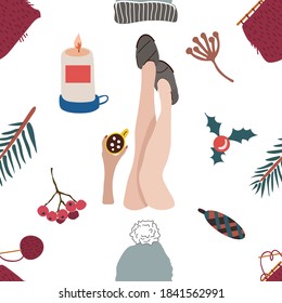 Seamless pattern and hand drawn texture. Cozy winter. Different household items on the theme of winter holidays. Flat illustration. Transparent background.