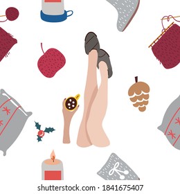 Seamless pattern and hand drawn texture. Cozy winter. Different household items on the theme of winter holidays. Flat illustration. Transparent background.