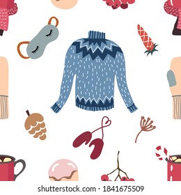 Seamless pattern and hand drawn texture. Cozy winter. Different household items on the theme of winter holidays. Flat illustration. Transparent background.