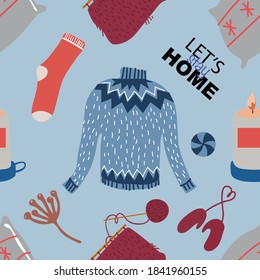 Seamless pattern and hand drawn texture. Cozy winter. Different household items on the theme of winter holidays. Flat illustration
