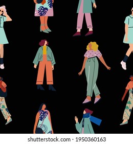 Seamless pattern and hand drawn texture. Pretty girls posing in different poses. Flat illustration. Design for poster, card, invitation, placard, brochure, flyer, web.
