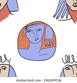 Seamless pattern and hand drawn texture. Contemporary silhouette of woman. Portrait minimalistic style. Hand drawn trendy vector illustrations for print.