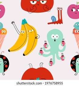 Seamless pattern and hand drawn texture. Cute colored doodle illustrations.Hand drawn trendy vector illustrations for print.