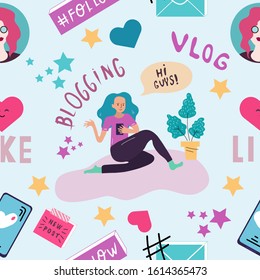Seamless pattern and hand drawn texture.Cute blogger girl. Vector flat illustration