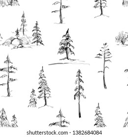 Seamless pattern with hand drawn textured black and white forest trees, pines and firs. Elegant tileable texture for fabric, wallpaper, branding, textile design