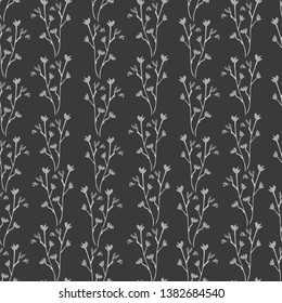 Seamless pattern with hand drawn textured black and white flowers and floral branches. Elegant tileable texture for fabric, wallpaper, branding, textile design