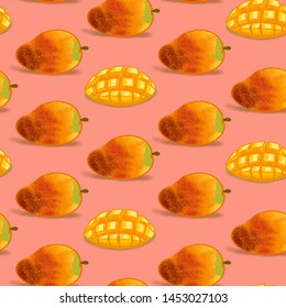 Seamless pattern Hand drawn textured mango, flowers and leafs on coral background.  Colorful vector flat lay food illustration for healthy food cafe, restaurant, fruits and grocery market