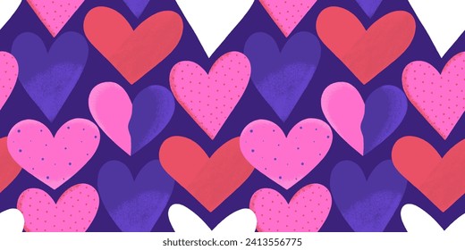 Seamless pattern with hand drawn textured hearts. Valentines Day design. Vector illustration in pink and purple colors. Grunge style. Wallpaper, wrapping paper, textile, banner