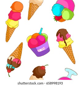 Seamless pattern with hand drawn textured ice-creams on white background.