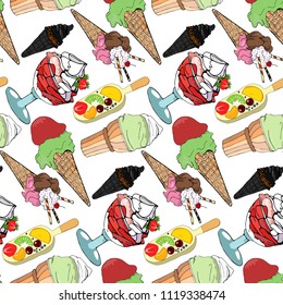 Seamless pattern with hand drawn textures. Ice cream cafe.Various types of delicious ice cream with different fillings.  Transparent background. Vector