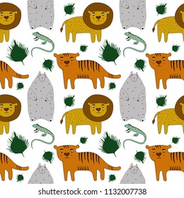 Seamless pattern with hand drawn textures. African animals. Transparent background. Vector