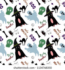 Seamless pattern with hand drawn textures. Happy Halloween. Party monsters. Transparent background. Vector