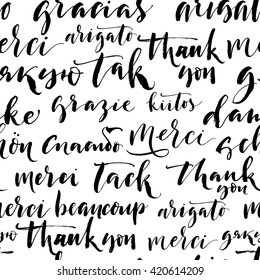 Seamless pattern with hand drawn thank you words. Merci beaucoup, thank you, tak, tack, arigato, gracias. Ink illustration. Modern brush calligraphy. Isolated on white background. 