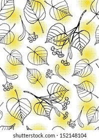Seamless pattern of hand drawn tilia leaves and flowers against yellow halftone dots