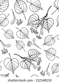 Seamless pattern of hand drawn tilia leaves and flowers