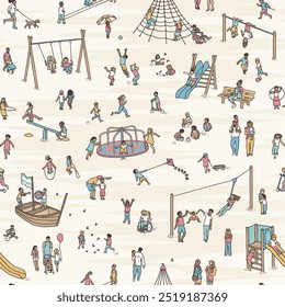 Seamless pattern with hand drawn tiny children playing, running and having fun at the playground