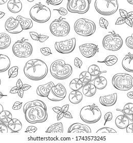 Tomate dibujado a mano con un patrón incomparable en una rama y rodajas. Verduras vectoriales de tomates en línea para salsas o diseño de comida.