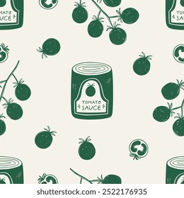 Seamless pattern with hand drawn tomato and sauce. Vector illustration
