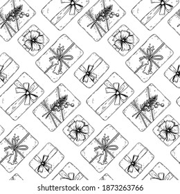 Seamless pattern with hand drawn top view gift boxes with beautiful bows. Vector illustration in vintage sketch style
