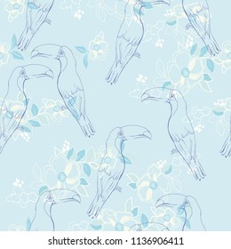 Seamless pattern with hand drawn toucan, bird, illustration, vector