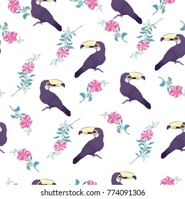 Seamless pattern with hand drawn toucan on white background