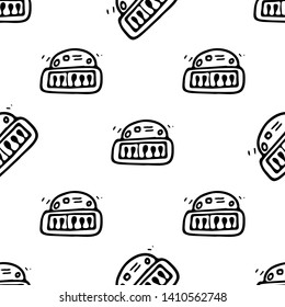 Seamless pattern Hand drawn toy piano doodle. Sketch children's toy icon. Decoration element. Isolated on white background. Vector illustration.