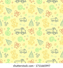 Seamless pattern with hand drawn toys. Doodle. Vector illustration. EPS 10