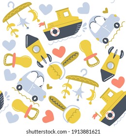 Seamless pattern of hand drawn  toys. Nursery design. Flat illustration.