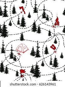seamless pattern with hand drawn trace and track in forest. camping and hunting theme