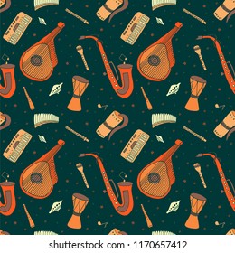 Seamless pattern of hand drawn traditional Slavic, Ukrainian musical instruments. Reed pipe, kobza, buhay, sopilka, bandura, pan flute etc. Vector cartoon illustration.