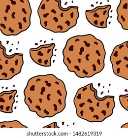 Seamless Pattern With Hand Drawn Traditional Chocolate Chip Cookies. Bitten, Broken, Cookie Crumbs. Doodle Vector Illustration. 