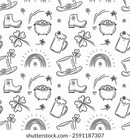 Seamless pattern with hand drawn traditional symbols of St Patrick's Day, including hats, beer mug, leprechaun, pot with golden coins, rainbow. Irish culture, festive joy. Symbols for St Patrick's Day