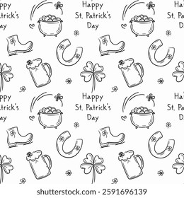 Seamless pattern with hand drawn traditional symbols of St Patrick's Day, including hats, beer mug, leprechaun, pot with golden coins, rainbow. Irish culture, festive joy. Symbols for St Patrick's Day