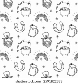 Seamless pattern with hand drawn traditional symbols of St Patrick's Day, including hats, beer mug, leprechaun, pot with golden coins, rainbow. Irish culture, festive joy. Symbols for St Patrick's Day