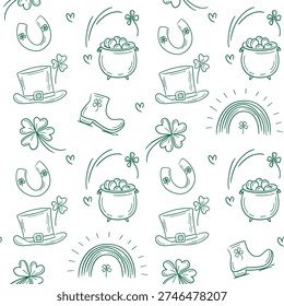Seamless pattern with hand drawn traditional symbols of St Patrick's Day, including hats, beer mug, leprechaun, pot with golden coins, rainbow. Irish culture, festive joy. Symbols for St Patrick's Day