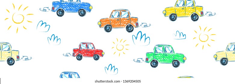 Seamless pattern with hand drawn transport Cartoon cars print on a boy's t-shirt, children's room, birthday card decoration.