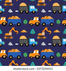 Seamless pattern with hand drawn transport. Tractor, truck and excavator. Cartoon background for Kids. Vector illustrations. Kids wallpaper design. Baby room design, wall decor, mural.