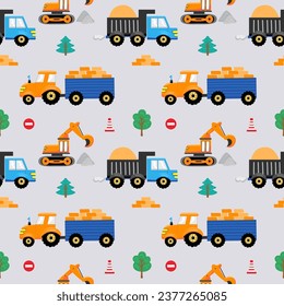 Seamless pattern with hand drawn transport. Tractor, truck and excavator. Cartoon background for Kids. Vector illustrations. Kids wallpaper design. Baby room design, wall decor, mural.