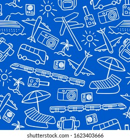 Seamless pattern with hand drawn travel icons. White outline objects isolated on blue background. Vector illustration.
